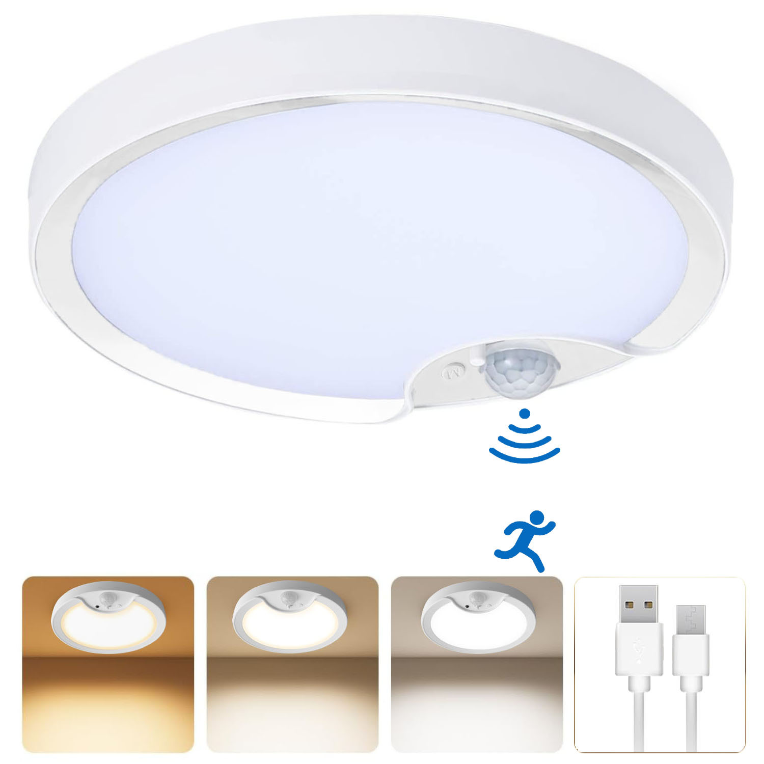 跨境新品充电吸顶感应灯三色灯光楼道灯台阶感应灯智能家居吸顶灯