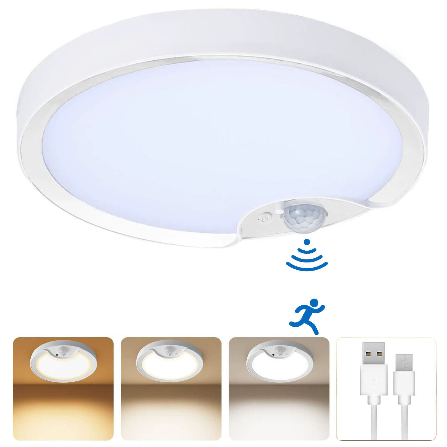 Новый трансграничный продукт, перезаряжаемый потолочный датчик, трехцветный светильник для коридора, светильник с датчиком шага, потолочный светильник для умного дома