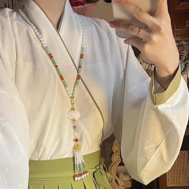 中国风长款仿珍珠背云汉服马面裙长流苏古装旗袍配饰古风璎珞项链|undefined