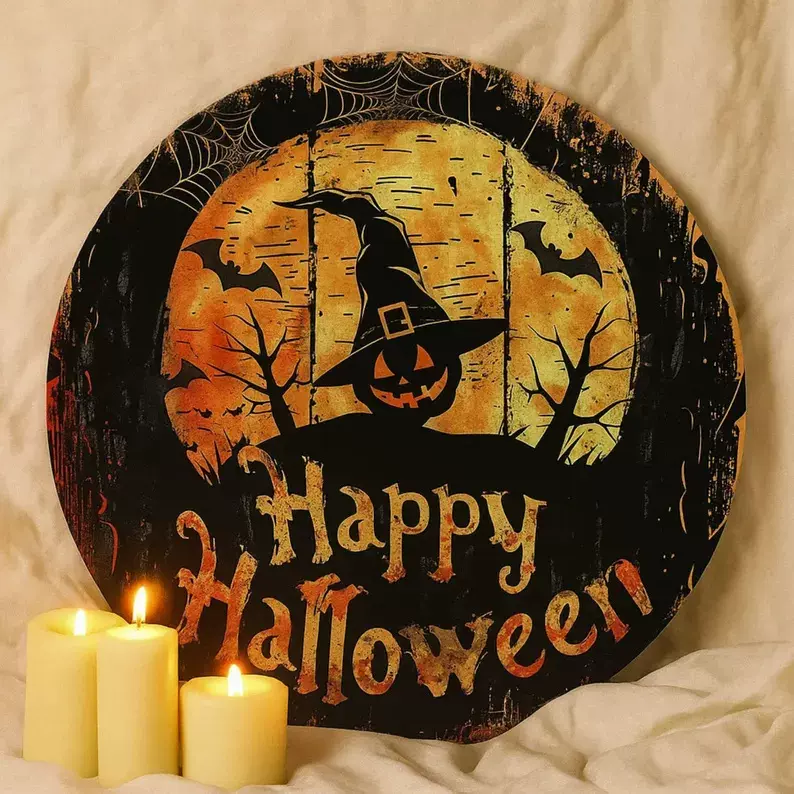 跨境halloween万圣节恐怖南瓜幽灵木质挂牌平面挂件圆形标志门牌