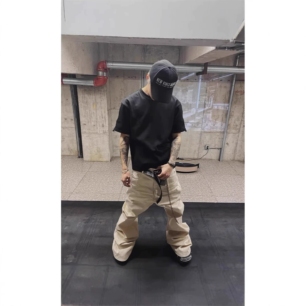 RO ветер нишевые темные высокие эластичные швабры, не совсем белые трусики джинсы мужской прилив, тонкие широкие брюки