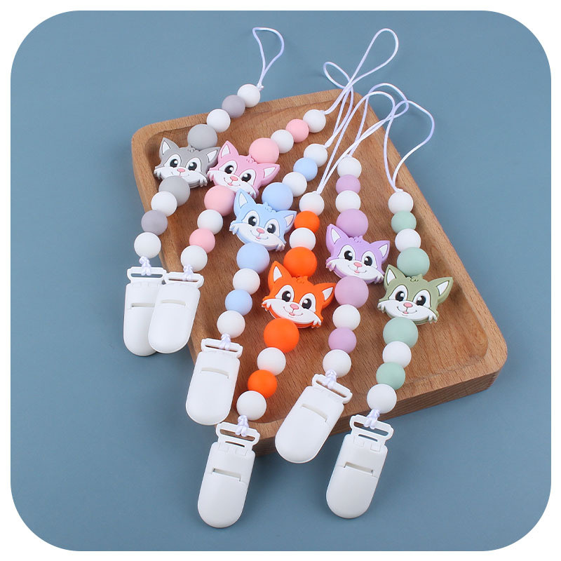 Bebé animal de dibujos animados Fox gato silicona teether dientes de bebé palo de juguete teether pezón cadena anti-caída