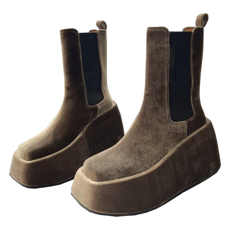 Осень и зима 2023 Ботинки Челси на толстой подошве в новом стиле с квадратной головкой, женские ботильоны и ботильоны с коротким стволом из британского бархата, завышенные ботильоны и ботильоны