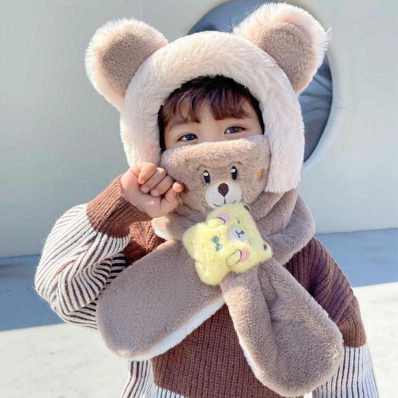 冬季加绒帽子围巾口罩一体儿童毛绒帽防寒保暖可爱宝宝护耳帽时尚