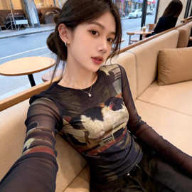 气质辣妹透视感网纱长袖T恤女2026新款印花别致防晒衫小个子上衣