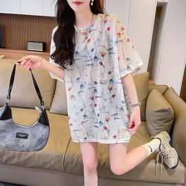 速干冰丝中长薄款短袖t恤女夏季新款宽松减龄洋气漂亮半透明上衣