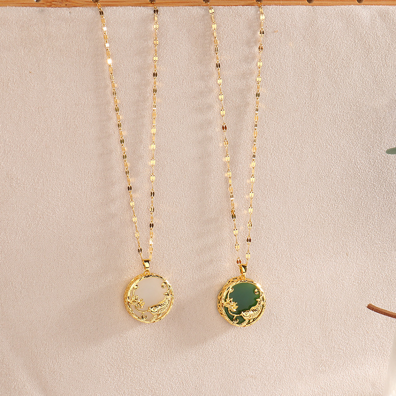 1 Piece Quantity Wholesale Jewelry Chinoiserie Classic Style Round Koi Titanium Steel Stone Polishing Inlay Pendant Necklace