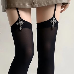 Three-Dimensional Cross Suspender Integrated Sexy Over-The-Knee Socks Lolita Velvet Black and White Pure Color Girl Stockings