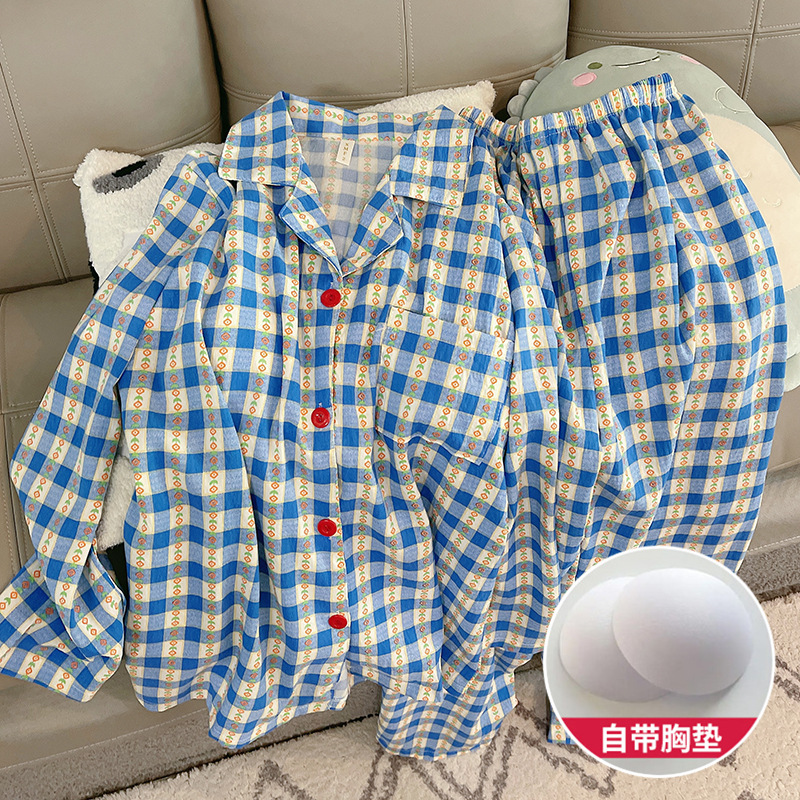2024 new spring and autumn day with chest pad integrated long sleeve women's pajamas suit small home clothes can be worn outside