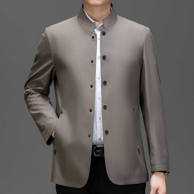Spring and autumn season men's casual mandarin collar business silk jacket, middle-aged dad style button-up top
