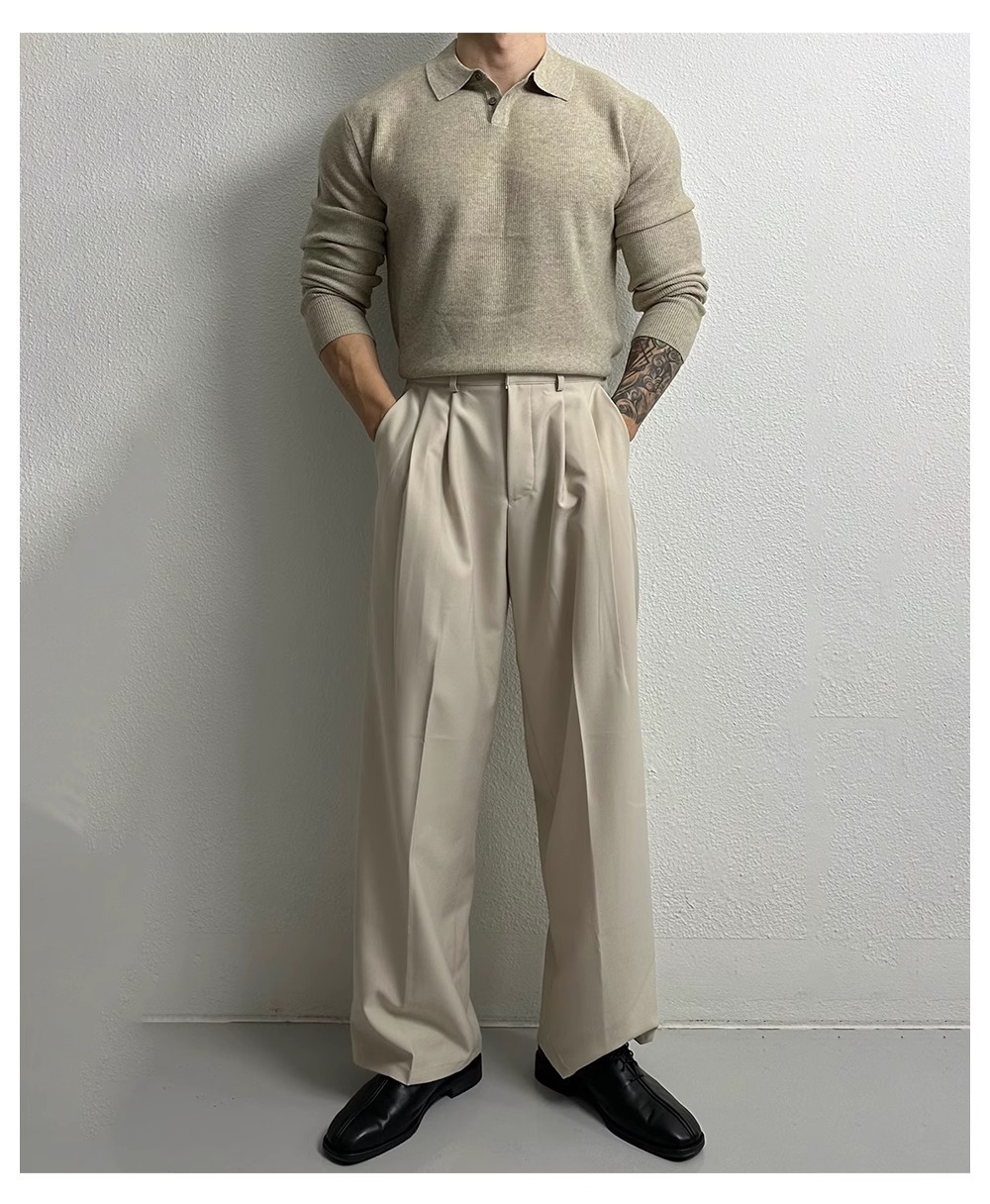Oversized Polo Knit Sweater For Men – Business Casual Long Sleeve Pullover, Plus Size European Fit (Black/Beige/Gray)_viptrois.com