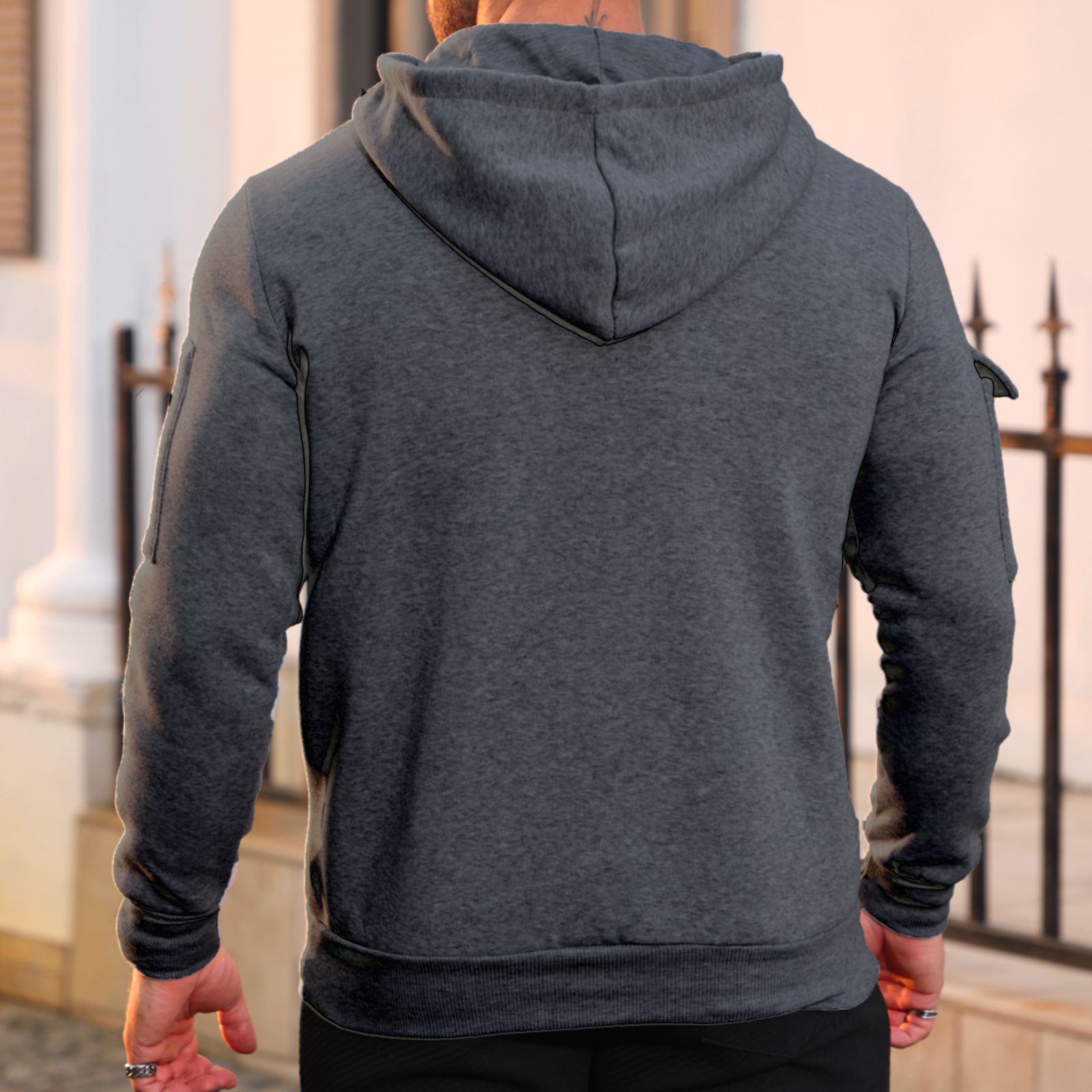 Autumn Winter Men's Fleece Hooded Pullover With Multi-zipper Pocket_voghion.com