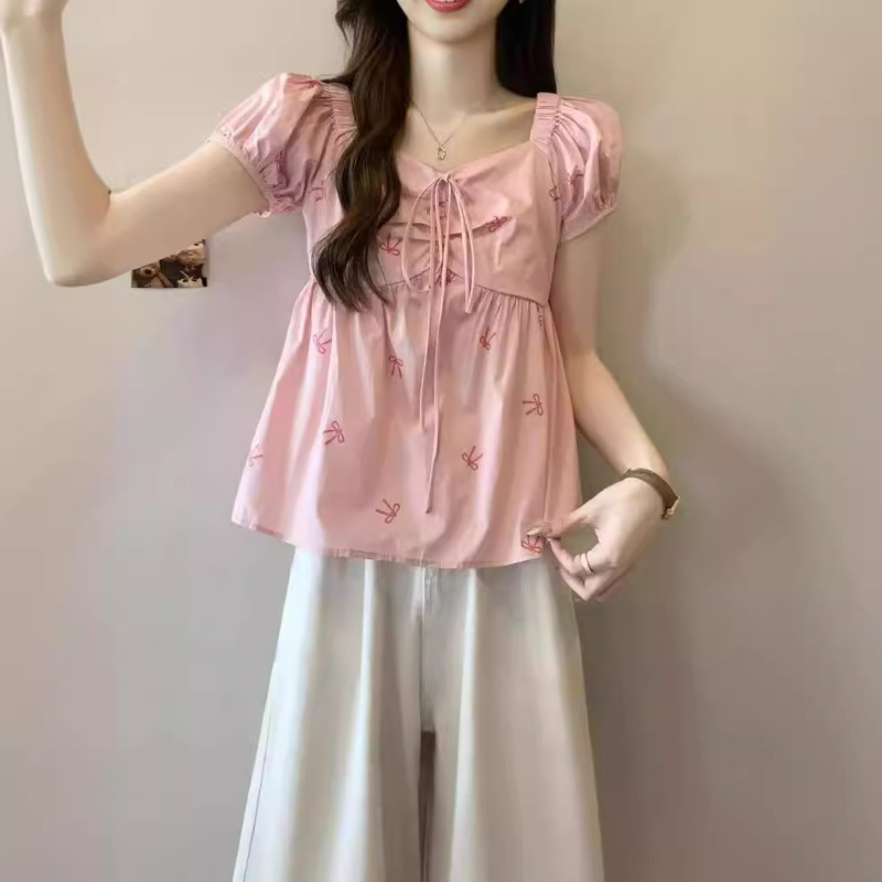 New Hot Girl Bow Print Shirt Women's Summer Design Lace-up Slimming Short Puff Women's Summer Top