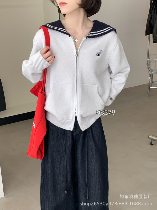 减龄海军风翻领拉链毛衣开衫女25秋冬韩版慵懒风宽松针织外套C152|undefined