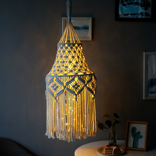 Cross-border bohemian woven lampshade, long tassel retro decorative lamp frame, bedroom modern simple cotton rope chandelier