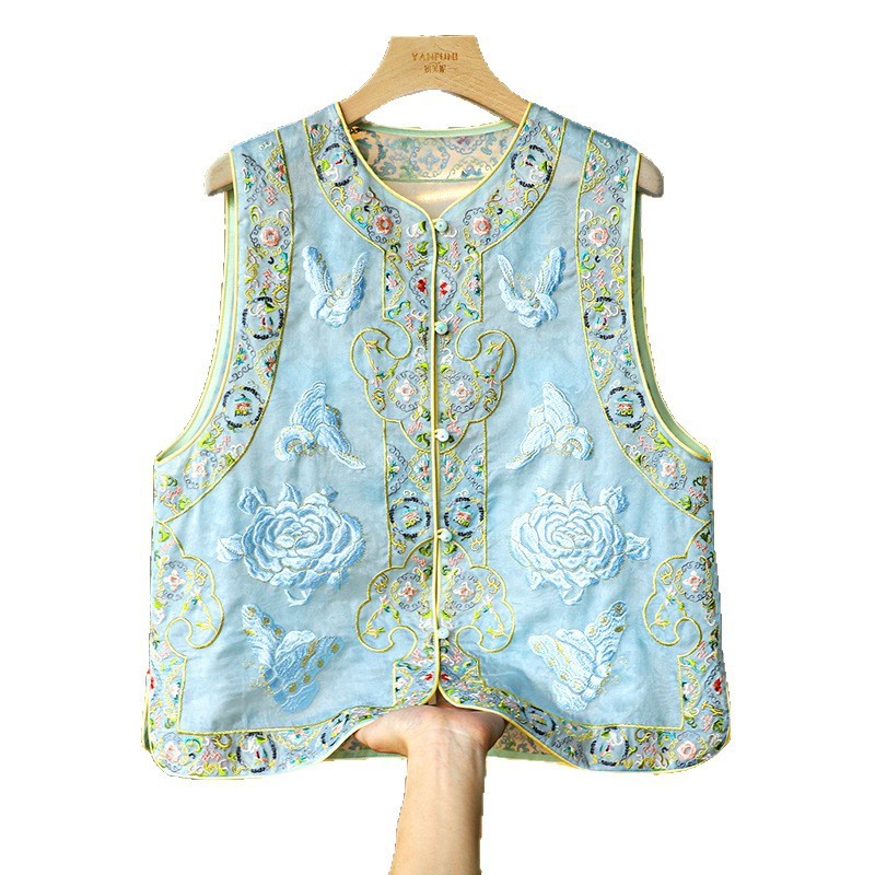 736  蓝色重工刺绣新中式真丝马甲女，M L XL，不退不换！！|undefined