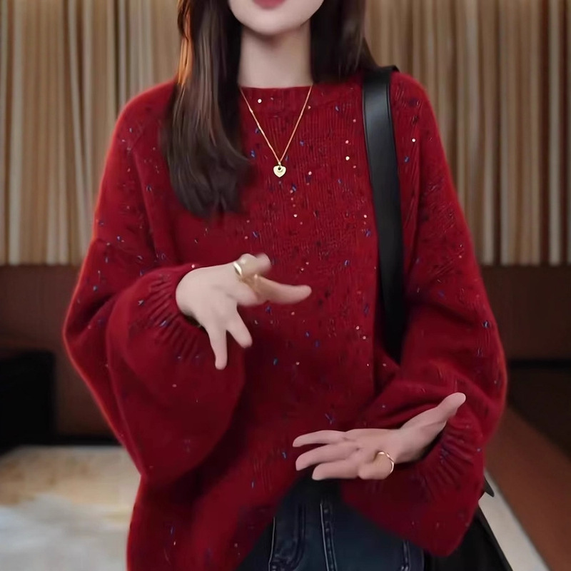 Trendy Fashion Tops for Spring and Autumn, Red Loose Pullover Knit Tops for Women