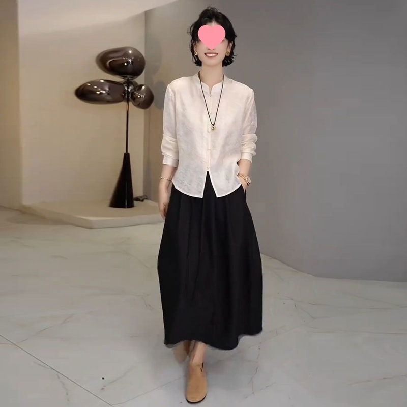 中式减龄套装女秋装新中式单排扣提花上衣+半身裙+飘带马甲三件套|undefined