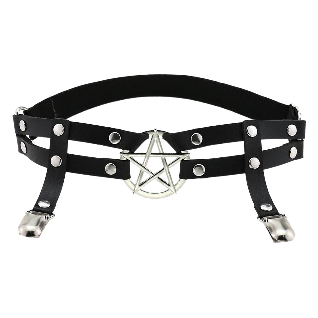 European and American Harajuku Punk Style Five-pointed Star Leather Handmade Rivets Hip-hop Leg Ring Personalized Double Row Elastic Garter Belt