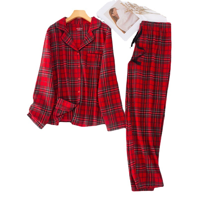 Otoño e invierno traje de pijama de hombre y mujer Navidad pareja casa desgaste franela cepillado rojo Plaid suelta más tamaño de manga larga