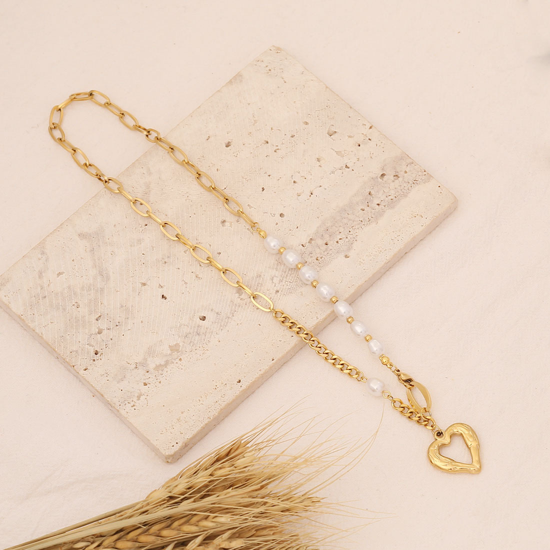 Heart decor Geometric Metal Stainless Steel Pearl Necklace