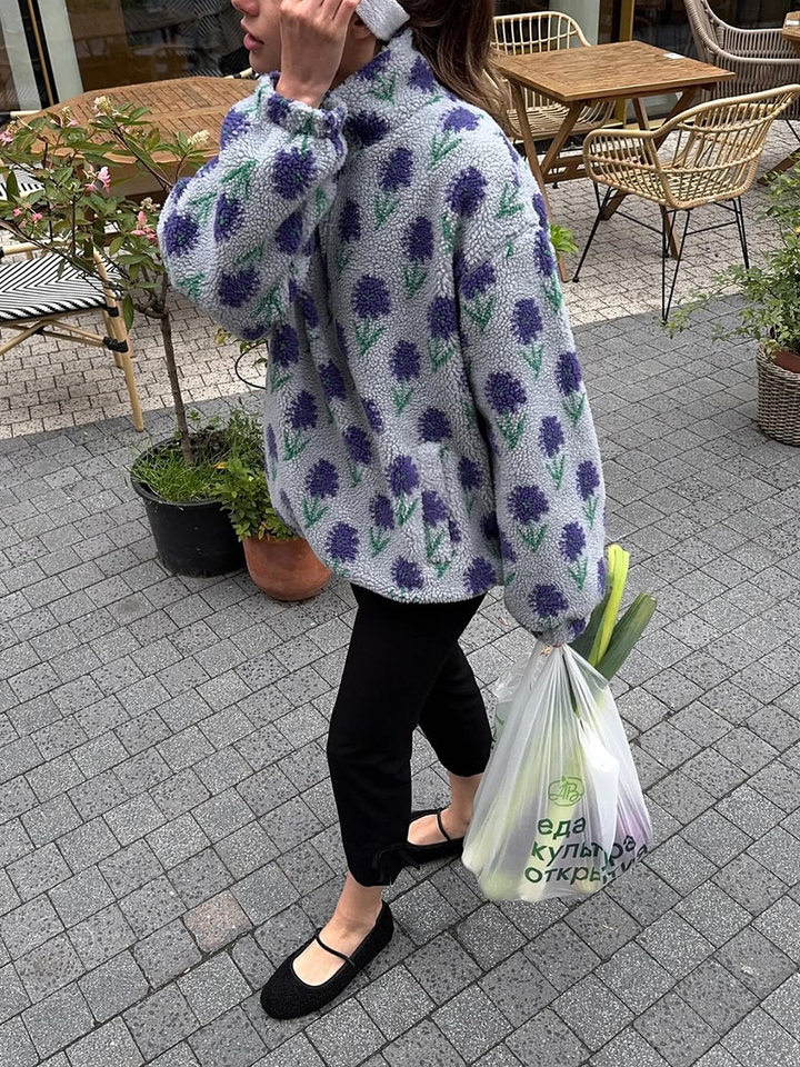 Áo nỉ lông cừu dệt jacquard nữ dáng rộng cổ cao nửa khóa kéo tay dài — Tím, màu xanh lá cây chi tiết 24