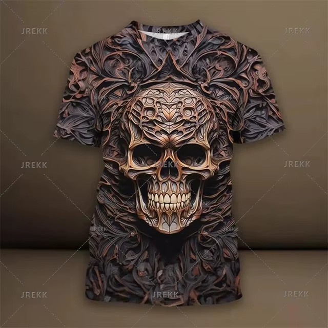Verano calle todo-fósforo suelto cuello redondo manga corta transpirable camiseta de hombre thriller esqueleto relieve impresión digital 3D