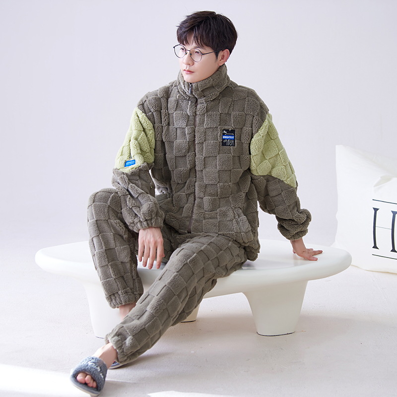 Pijamas de franela los hombres del otoño y el invierno collar soporte caliente juventud coral fleece homewear traje se puede usar fuera