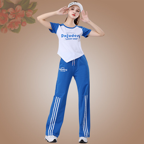  Square Dance Costume Team Performance Ghost Step Dance Summer Short Sleeve Long Pants Set Casual Sportswear Women's New Arrival