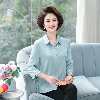妈妈夏装仿真丝衬衫2023新款纯色开衫上衣时尚洋气中老年女装
