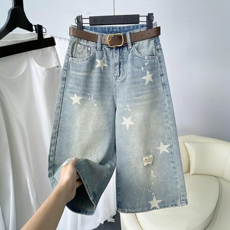 Vintage distressed straight-leg cropped jeans for women, new summer style, plus-size loose fit, slimming wide-leg denim mid-length pants