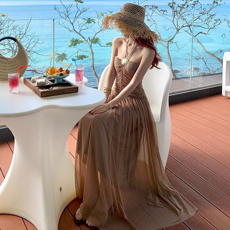 French-Style High-End Luxury Off-The-Shoulder Dress, Light Luxury Tube Top Dress, Birthday Party Evening Gown, Long Dress, Vacation Dress