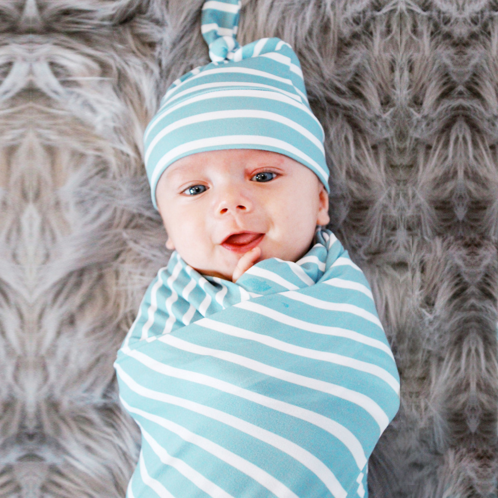 Foreign Trade Cross-border INS Style Baby Wrapping Cloth Sky Blue Striped Newborn Baby Swaddle Pull Hat Hold Quilt Set