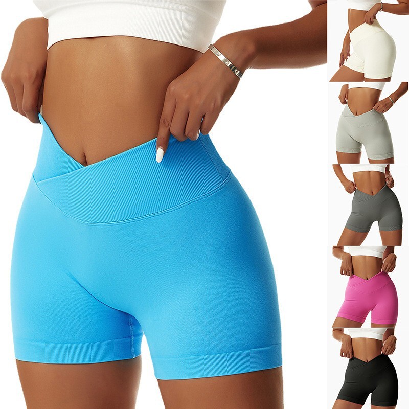 Cross-Border Foreign Trade Seamless High-Waisted Yoga Shorts with Exposed Navel, Tight-Fitting Hip-Enhancing Running and Fitness Sports Shorts