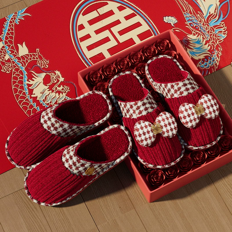 Зимние свадебные хлопчатобумажные тапочки праздничный красный новый бант
