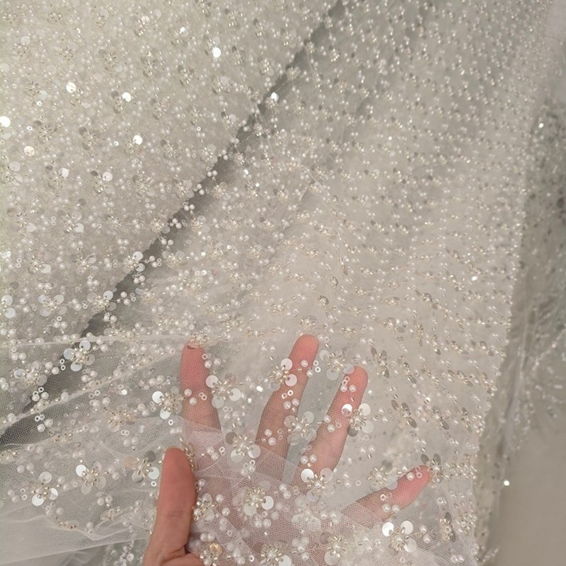 经典款白色珠绣婚纱面料闪亮珠片diy手工辅料蕾丝 亮片钉珠蕾丝