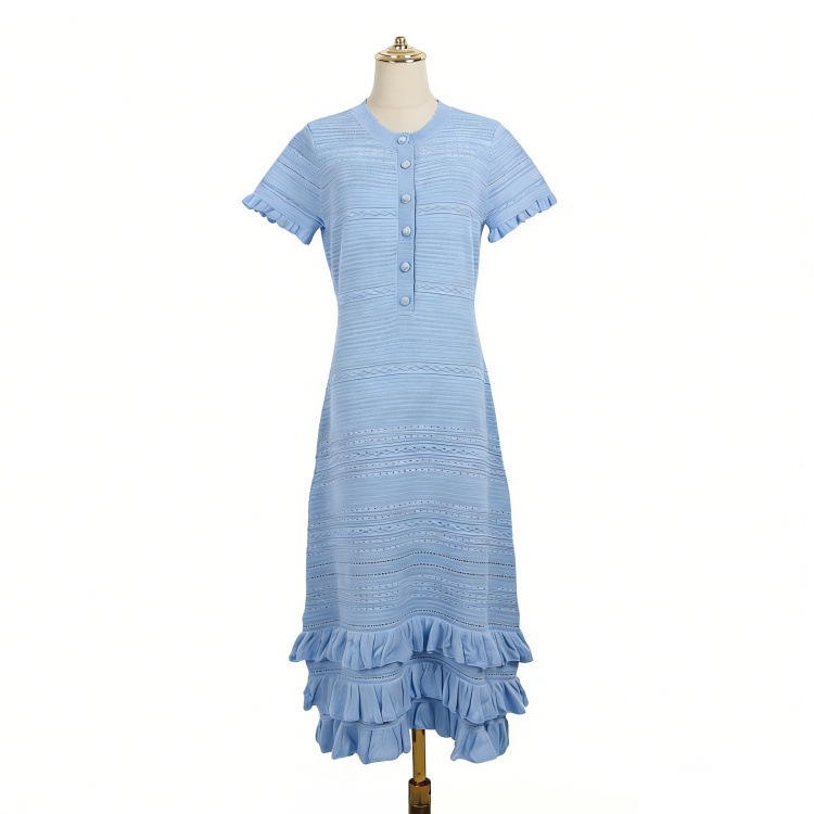 Summer New Style Solid Color Hollow-Out Knit Dress with Round Neck, Short Sleeves, Multi-Layered Ruffles, and a Large Hem, a Fashionable Item