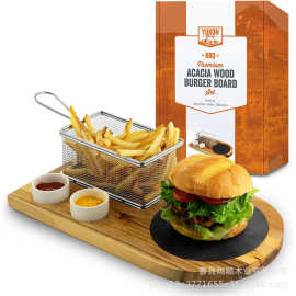 木制薯条汉堡托盘带油炸漏勺陶瓷调味碟芝士盘木制汉堡岩板餐盘