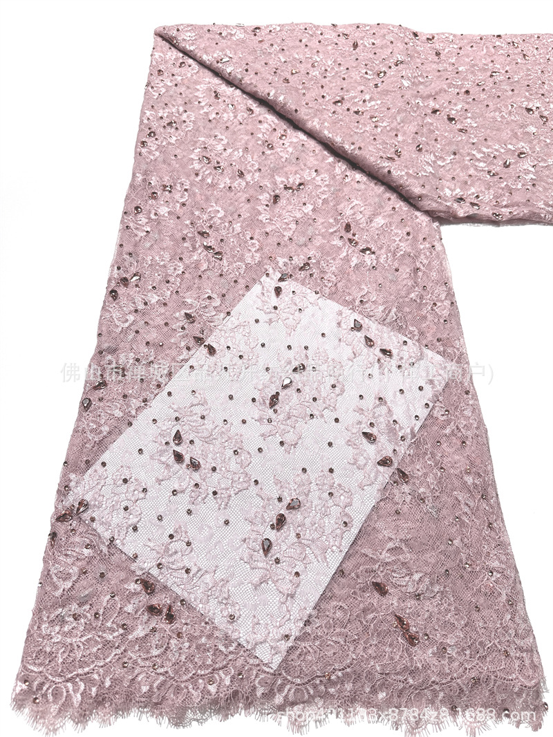 Champaña oro pesado clavos tela de encaje goteo taladro de mano encaje cosido tela de vestido de boda alta