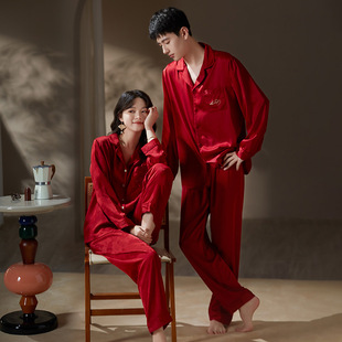Ice Silk Couple Pajamas Women's Spring and Autumn Red Long Sleeve Thin Wedding High-end Festive Home Clothes for Summer