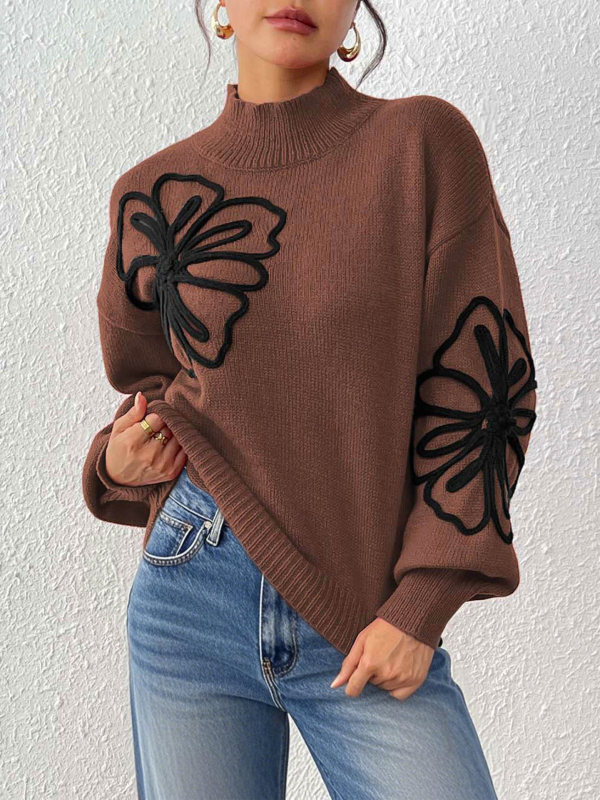 レディース秋冬トップスクロスボーダー欧米服立体リボン刺繍花ハーフタートルネックランタンスリーブプルオーバーセーター|undefined