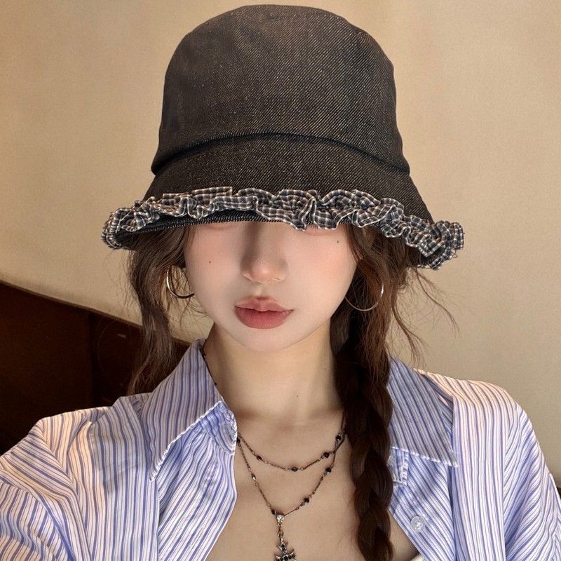 韩版甜美格子花边牛仔渔夫帽子女早秋天百搭优雅盆帽显脸小水桶帽|undefined