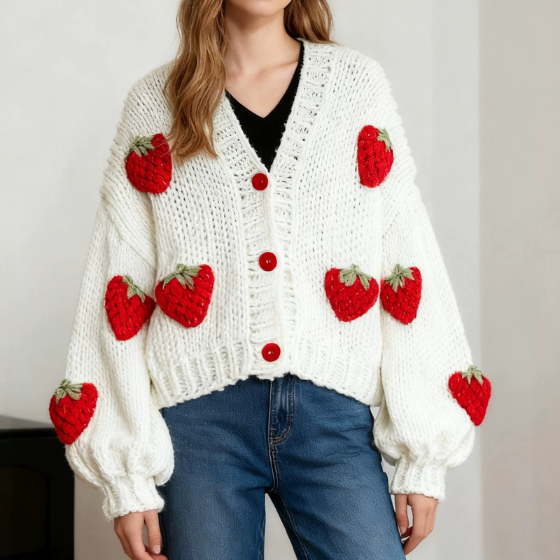 European and American Style Lantern Sleeve Knitted Sweater Cardigan for Women, 2026 Autumn and Winter Loose Design Cute Strawberry Top European and American Style Lantern Sleeve Knitted Sweater Cardigan for Women, 2026 Autumn and Winter Loose Design Cute Strawberry Top