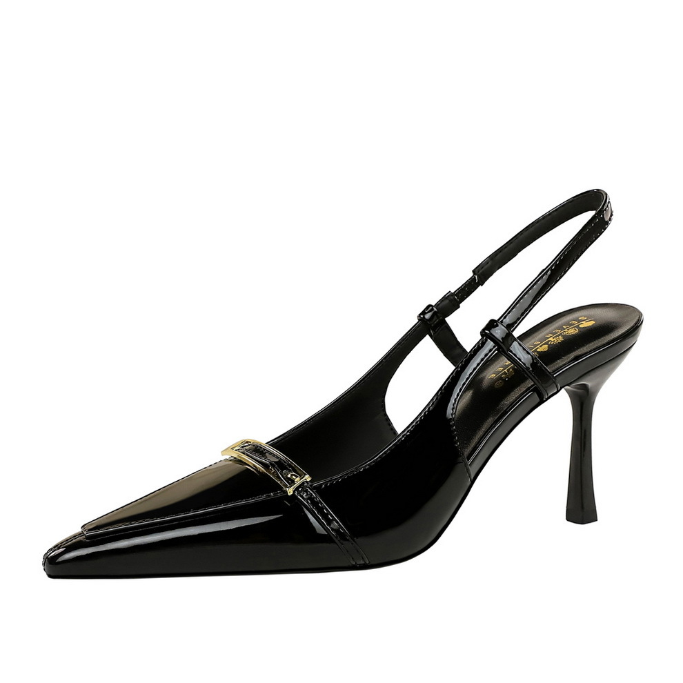 2629-A2 style banquet pointed high heels, thin heels, patent leather metal buckle, empty back strap, high heels, single shoes