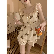 韩国ins女士夏季软妹小熊吊带纯欲少女小飞袖睡衣家居服套装批发