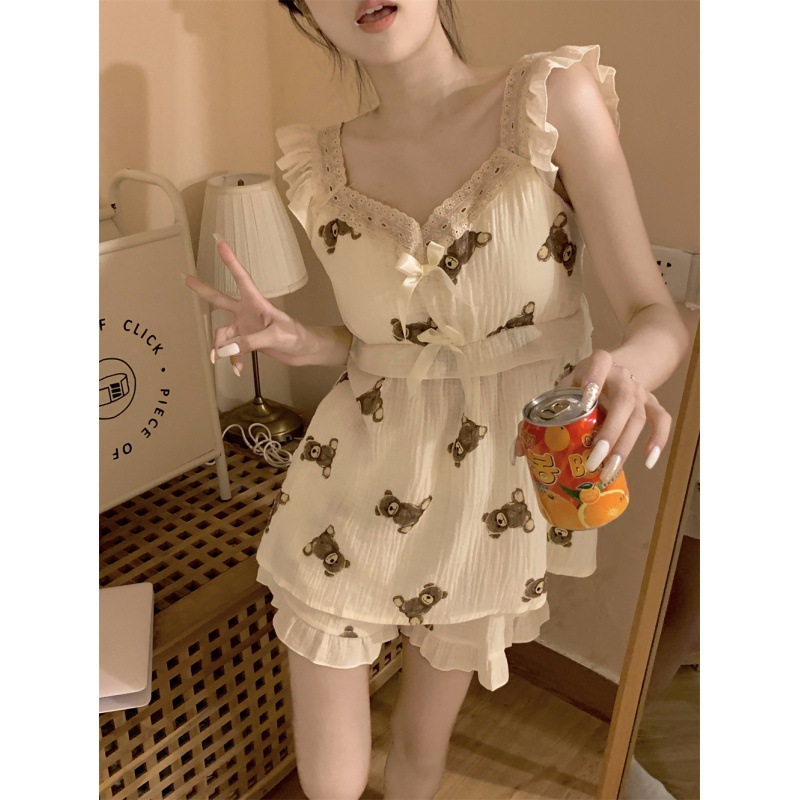 韩国ins女士夏季软妹小熊吊带纯欲少女小飞袖睡衣家居服套装批发