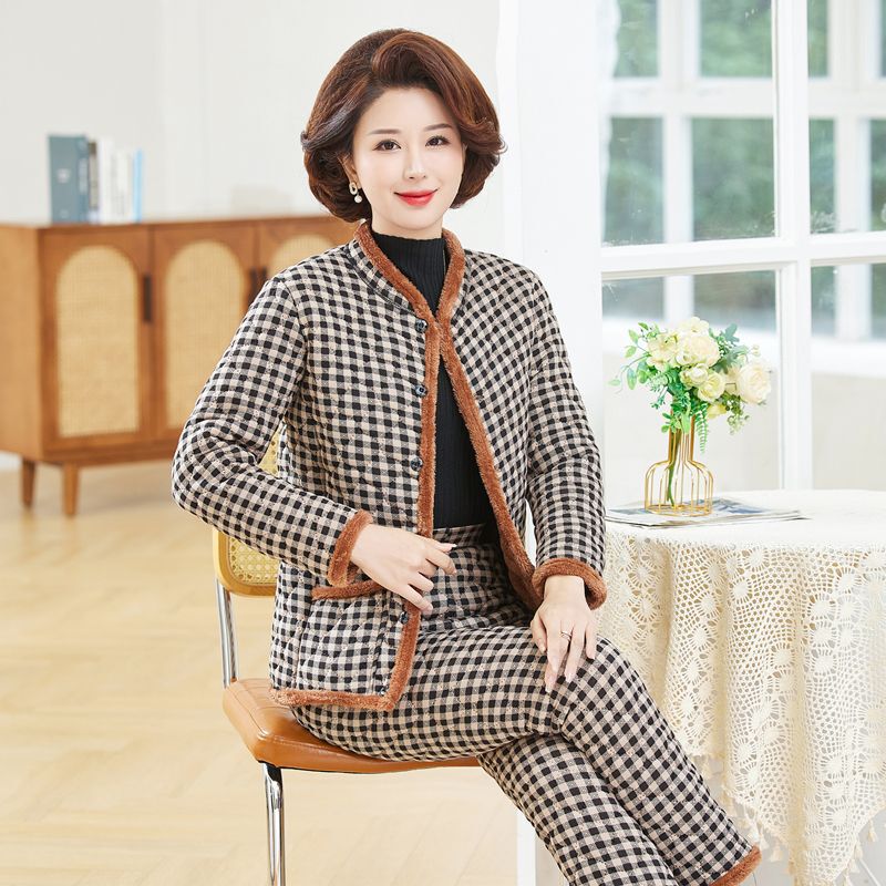 三件套保暖套装中年女装冬季新款蚕丝棉外穿高档棉服妈妈装两件套|undefined