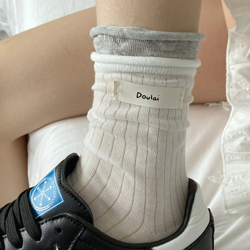 Casual Feel·Solid Color Versatile Vertical Striped Hollow Color-Blocking Rolled Edge Mid-Calf Socks Spring and Summer Simple Side Fabric Label Slouch Socks