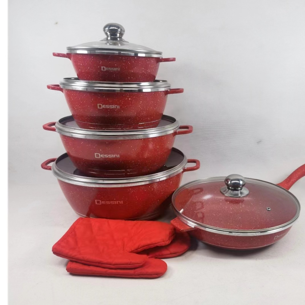 Olla antiadherente de aluminio Olla de sopa de arroz de trigo Olla de fundición a presión con tapa de vidrio coreana multifuncional Juego de ollas de cocina de 12 piezas