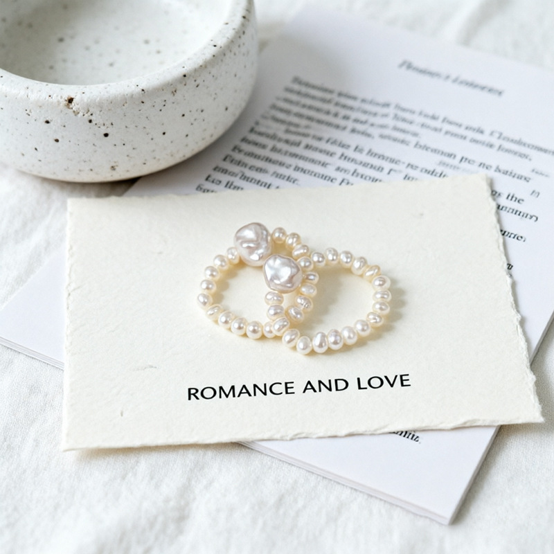 Oval millet-shaped baroque pearl elastic ring, natural freshwater vintage light luxury